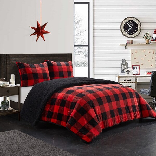 Dearfoams Buffalo Plaid Royal Plush 3 Piece Comforter Set - Red/Black - Queen