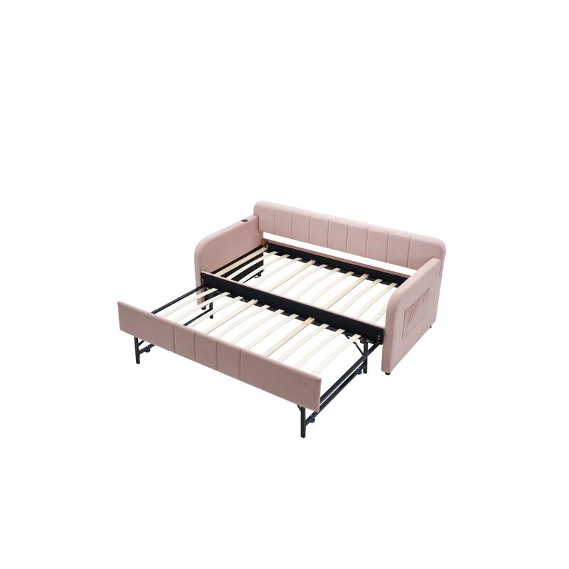 Twin Size Velvet Upholstered Daybed, Wood Sofa Bed Frame Daybed Couch with Trundle Bed and Wood Slat