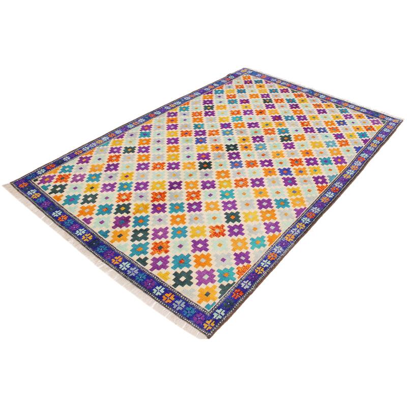 Eclectic Balochi Bernal Beige/Blue Hand Knotted Wool Rug - 5'10'' x 7'10''