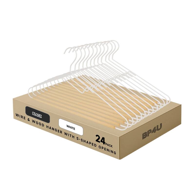 BP4U S-Shaped Opening Metal Coat Hangers with Wooden Pants Bar, Reinforced Wire Clothers Hangers for Sweaters, Shirts - 24-Pack - White/Natural