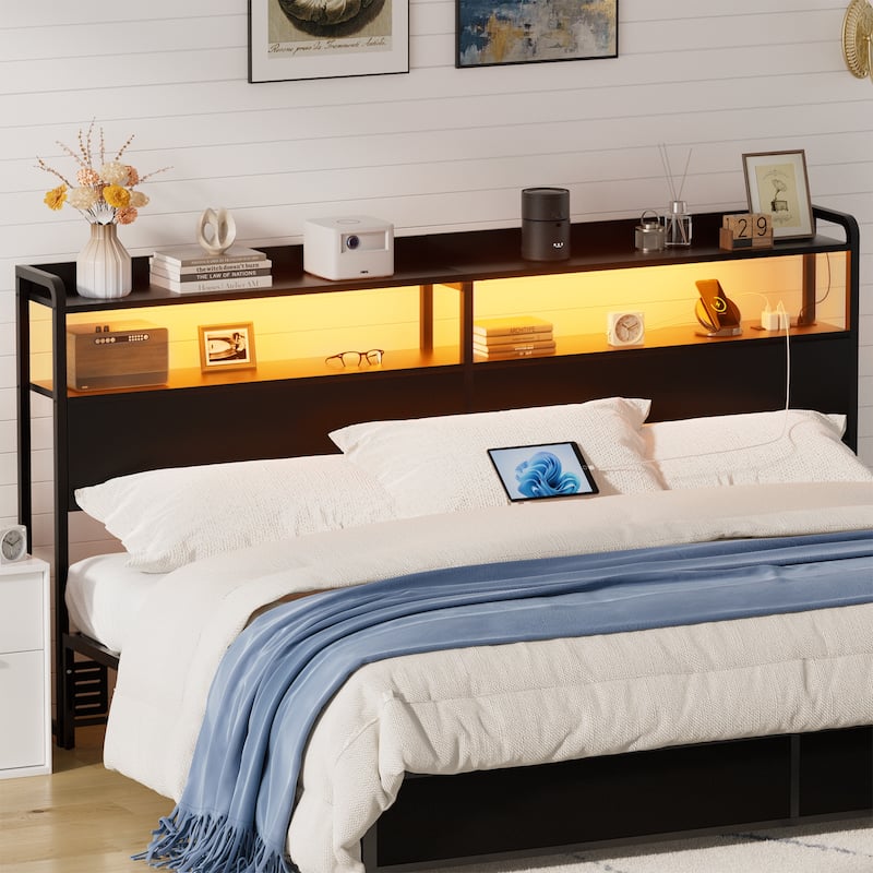 Headboard with Storage Drawers and LED Light, Head Board with Outlets, USB Ports - Black - King