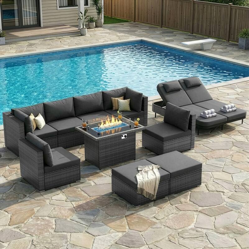 Outdoor Sectional Conversation Set PE Wicker with Double Chaise Lounge, 60,000 BTU Fire Pit Table - 10-Piece/Ottoman - Dark Gray