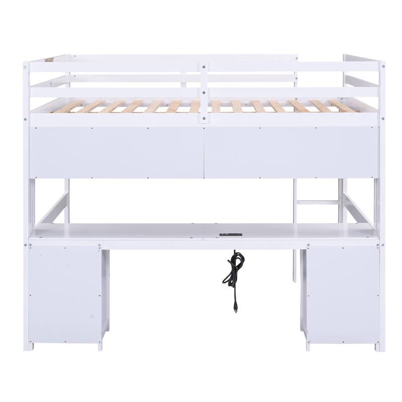 Full Size Loft Bed with Desk, Storage Cabinets, Drawers, Charging Station, White