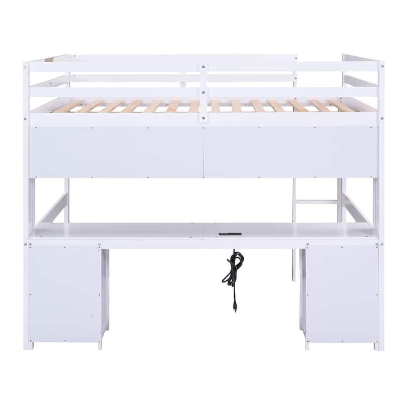 Full Size Wood Loft Bed w/Desk, Cabinets, Drawers, Charging Station