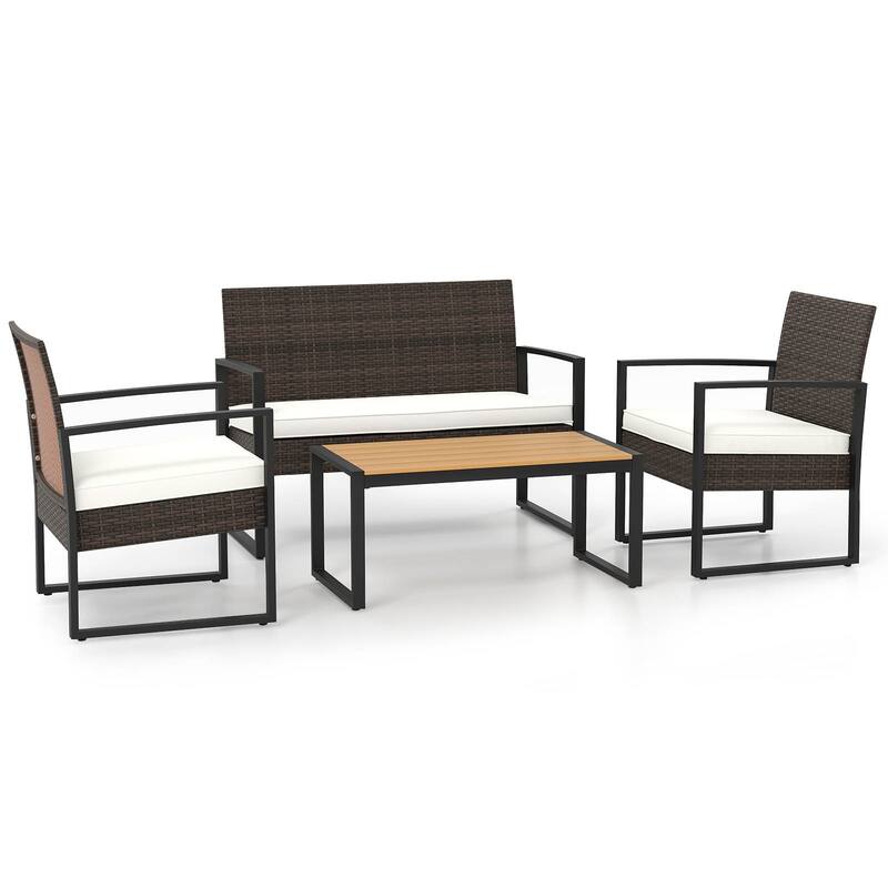 Gymax 4 Pieces Patio Furniture Set PE Rattan Porch Chairs w/ Loveseat