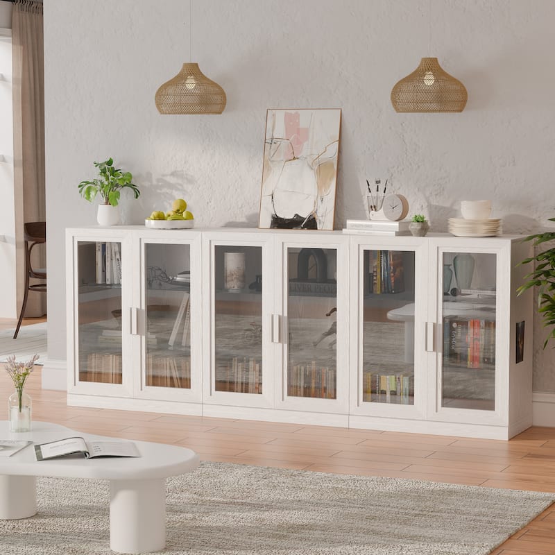 3-Set Glass Door Sideboard Buffet Storage Cabinets with Adjustable Shelves - 93"Lx36"H - White