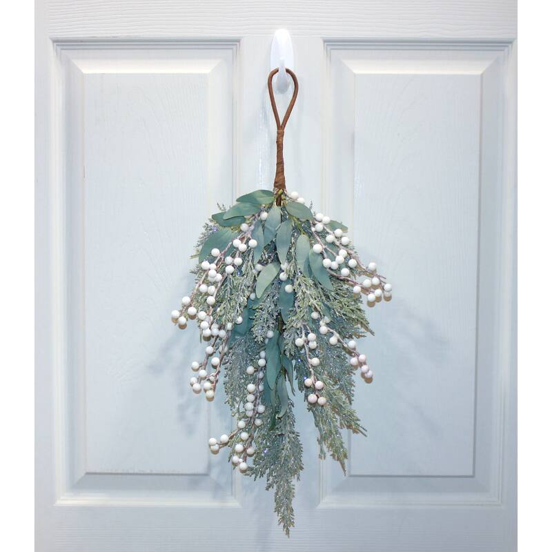24" Artificial Christmas White Berry and Leaf Teardrop Swag - 24
