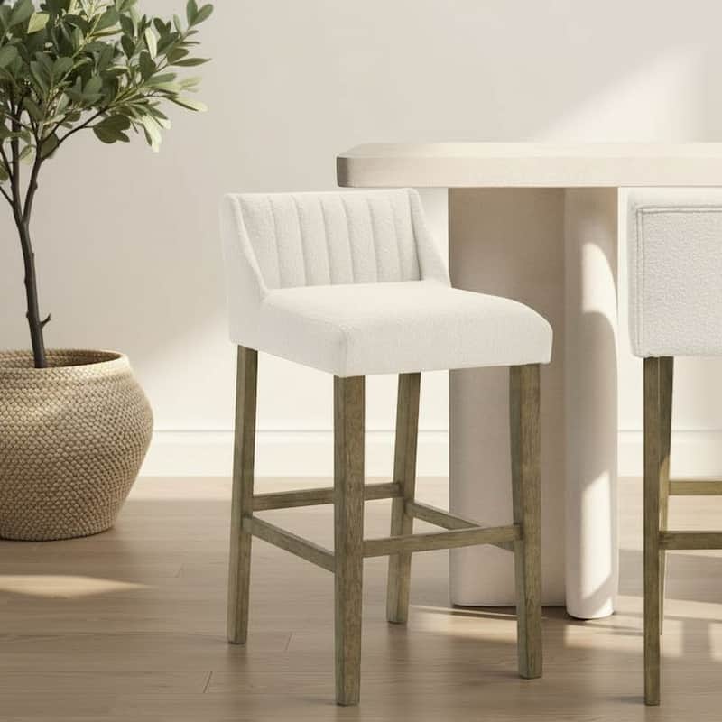 Fauna Low-Back Boucle Bar Stool, Upholstered Counter Height Kitchen Barstool with Wood Legs - Single - Putty Brown - Bar Height