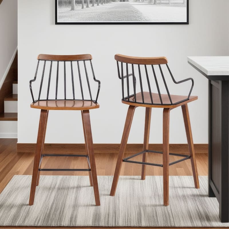 Micah 26" Walnut Wood and Black Metal Farmhouse Counter Stool with Arms