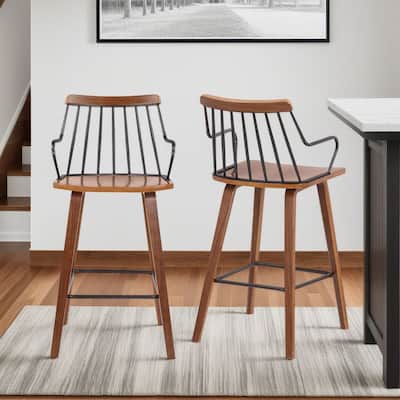 Micah 26" Walnut Wood and Black Metal Farmhouse Counter Stool with Arms