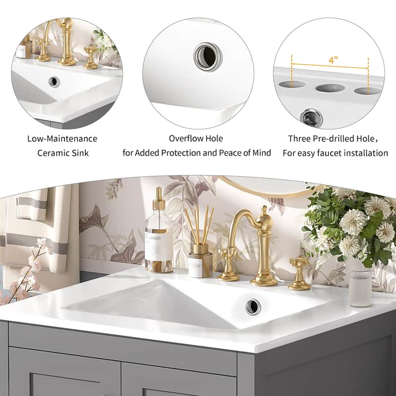 GDFStudio - Aurora Wood & Ceramic Bathroom Vanity Set with Sink and Divided Drawers