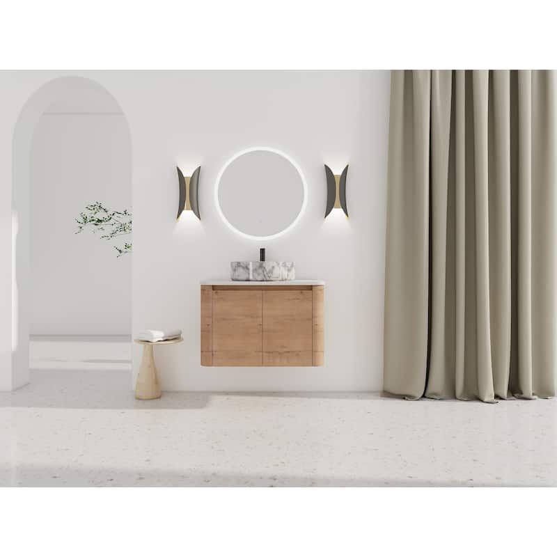 30'' Wall-Mounted Bathroom Vanity With Ceramic Art Sink & 2-Soft-Close Door, KD-Packing, Plywood