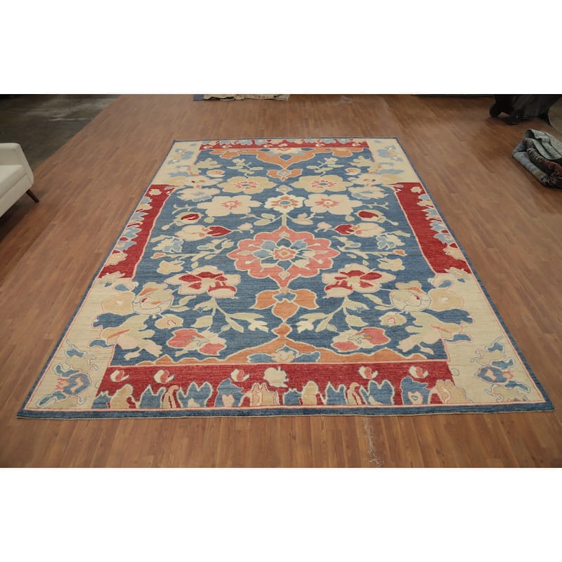 Hand Knotted Oriental 100% Wool Carpet Transitional Floral Navy Blue & Blues Oushak Area Rug - 13' 9'' X 10' 3''