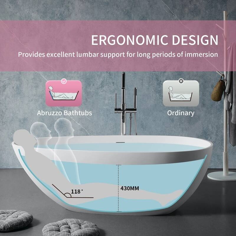 ABRUZZO 59" x 31" Freestanding Solid Surface Soaking Bathtub with Overflow and Drain in Glossy White
