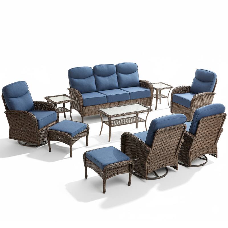 Luna 10-Piece Wicker Patio Conversation Set with Swivel Gliders and 6-Inch Thick Olefin Cushions