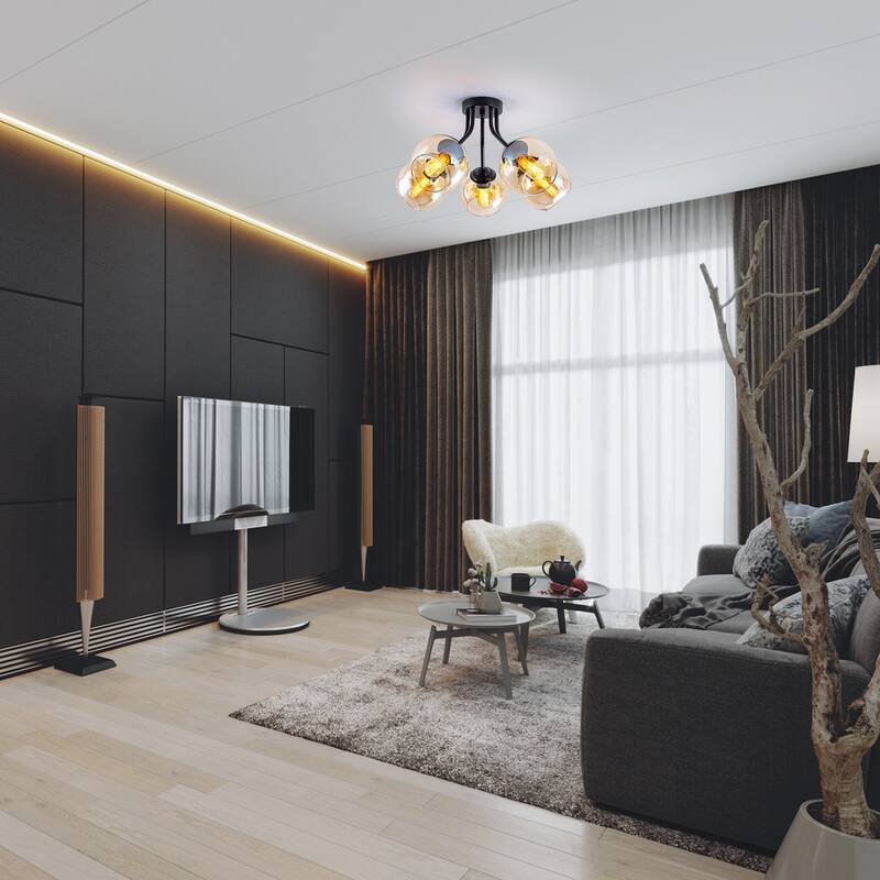 5 Lights Semi-Flush Mount Ceiling Light with Amber Glass Shade Sputnik - Dia.20.47-in