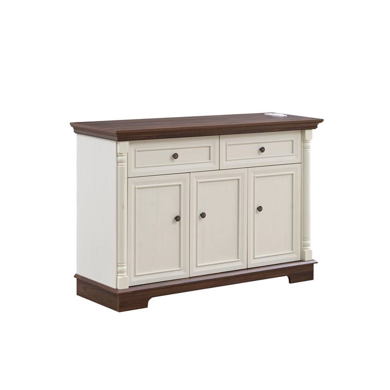 Farmhouse Roman Column Cabinet‌ – Wooden Storage Unit with Drawers & Doors, Coffee Bar & Wine Cooler for Kitchen or Hallway