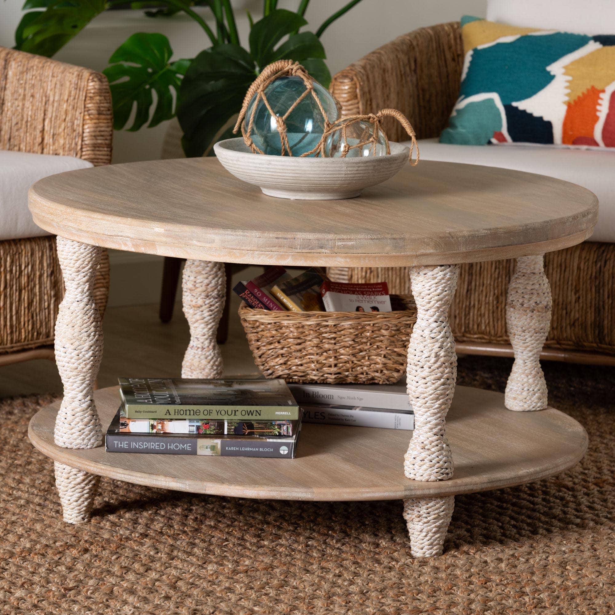 Lejane Wood Coffee Table with Seagrass Wrapped Legs - Round Living Room Table with Open Shelf Storage