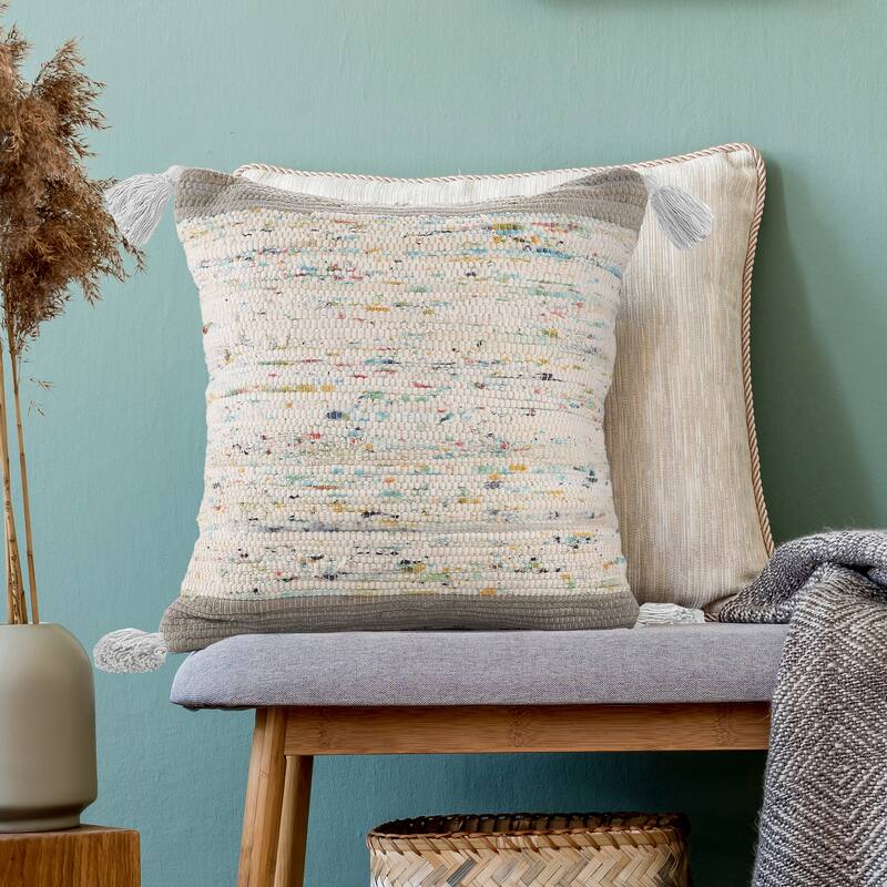 Sevita Handwoven Modern Abstract Cotton Throw Pillow, 20" x 20". - Eggshell Blue/Multi