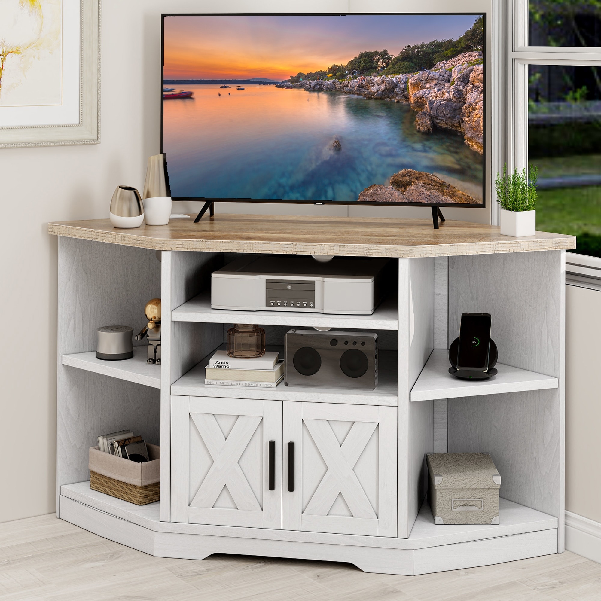 Moasis Farmhouse Corner TV Stand Entertainment Center for TV up to