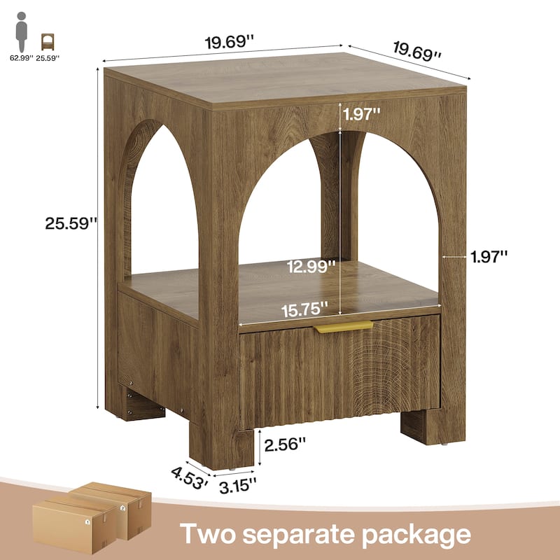 Wood Nightstand with Drawer & Open Shelf, 2-Tier Side Table, End Table, Bedside Table for Bedroom, Living Room