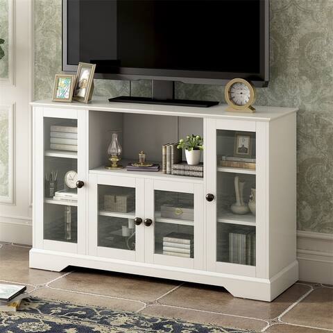 Merax TV Stand with 4 Tempered Glass Doors and Adjustable Panels for TV up to 60 in
