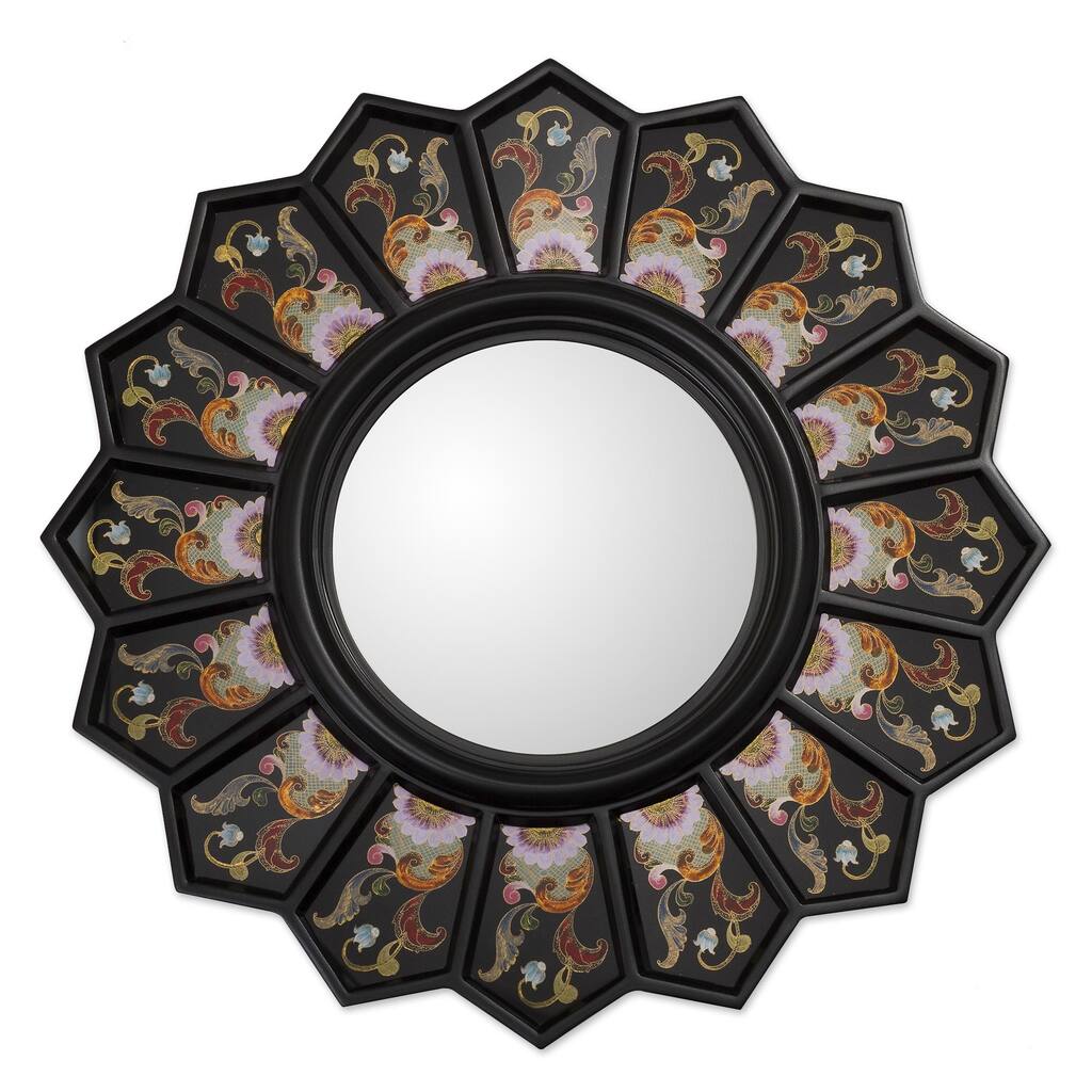 Cedar Wood Glass 'Black Sunflower Fan' Mirror , Handmade in Peru - Black