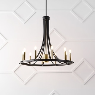 Cotys 30" 11-Light Modern Iron Adjustable Wagon Wheel LED Chandelier with Downlight, Black/Brass Gold, by JONATHAN Y