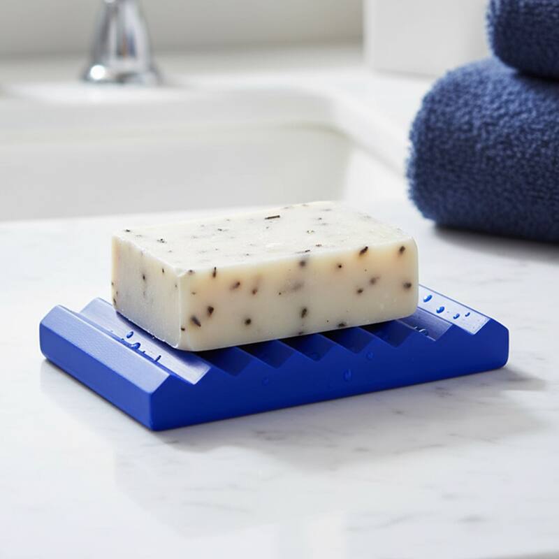 Concrete Cement Hand Soap Dish, Ribbed Drainage Design - 5.2 L x 3.6 W x 0.6 H - Blue