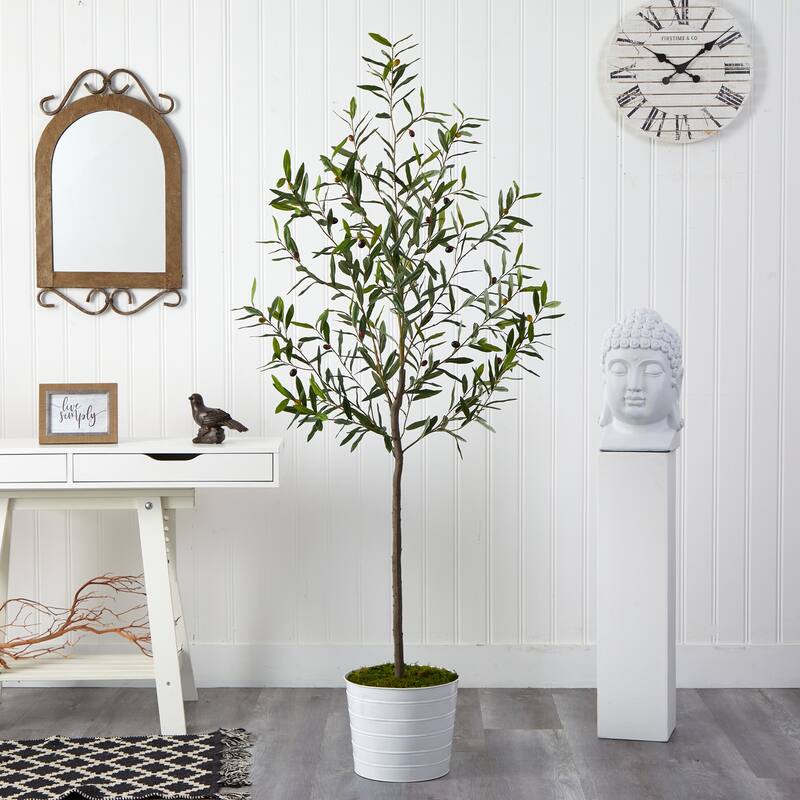Artificial Olive Tree 70 Inch Indoor Outdoor Plant in White Planter - Green - 61 Inches and Over