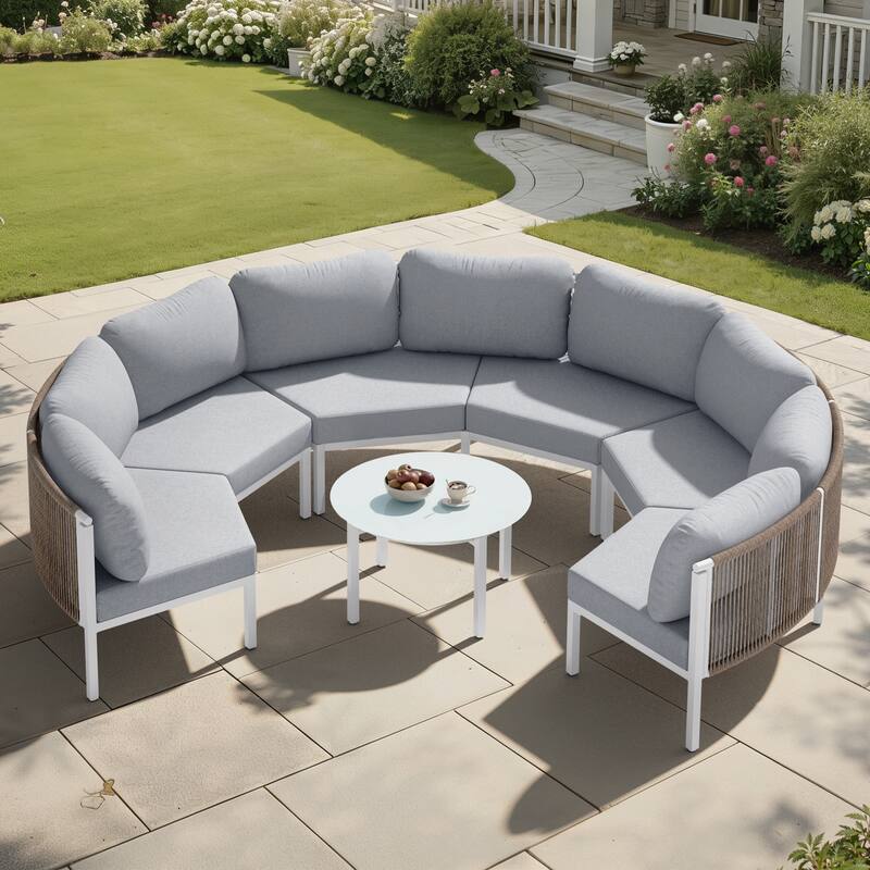 Outdoor Patio Furniture All-Weather Aluminum PE Rattan Wicker Half Round Curved Sofa Sectional Set - 6-Seats+1-Table - Light Grey