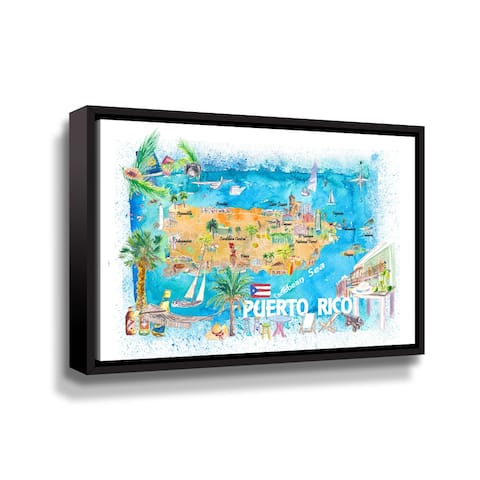 Puerto Rico Island Illustrated Travel Map With Roads And Highlights Gallery Wrapped Floater-framed Canvas