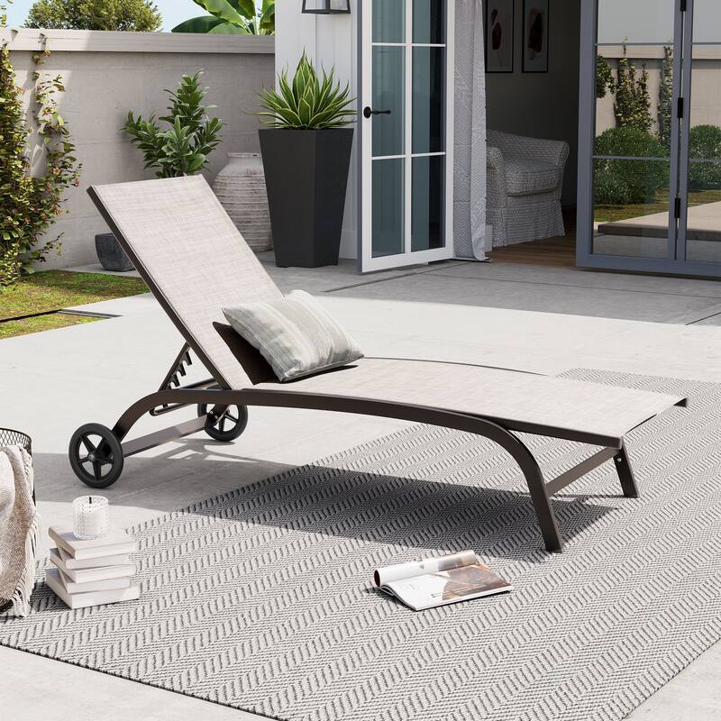 Outdoor Chaise Lounge Chair Pool Lounger with Adjustable Back and Wheels