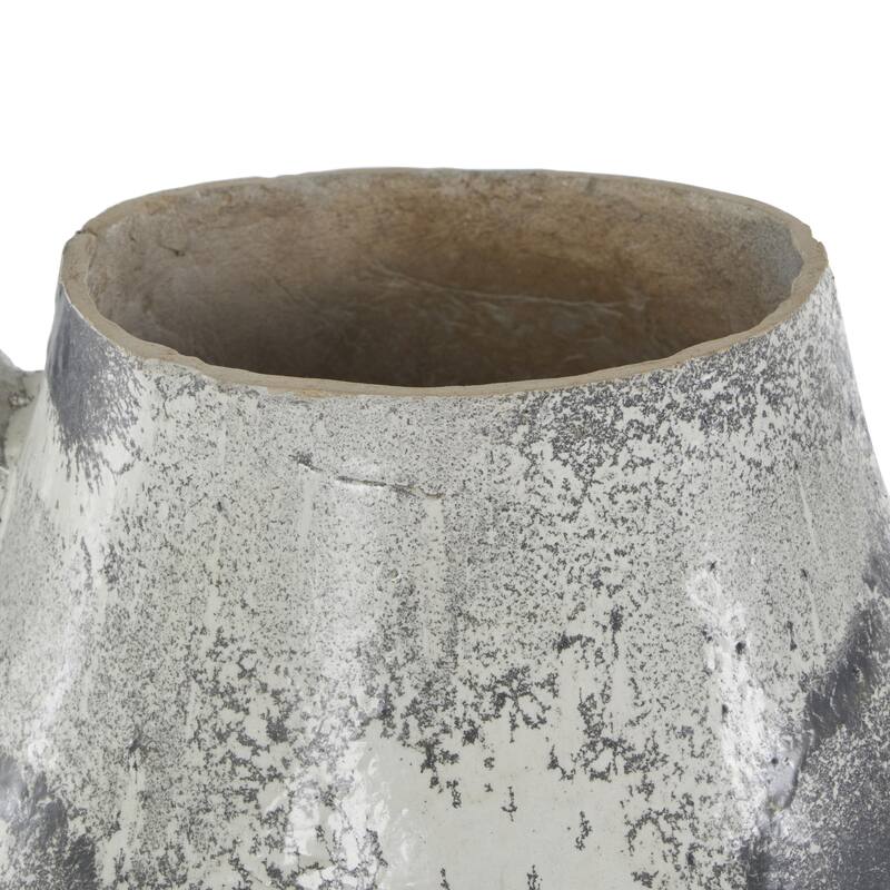 Light Gray Paper Mache Distressed Fluted Decorative Vase with Light Gray Texturing and Ring Handle