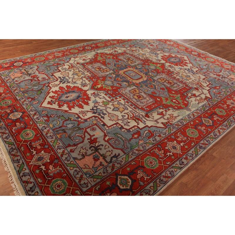 Medallion Heriz Serapi Indian Area Rug Hand-Knotted Wool Carpet - 8'11"x 11'9"