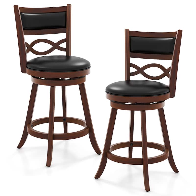 Gymax 24 Inch Bar Stools Set of 2 w/ Rubber Wood Frame Faux Leather - Counter Height - Brown, Black - Set of 2