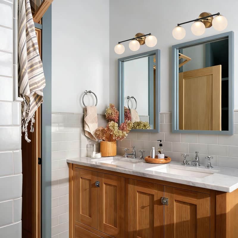 Modern 3-Light LED Bathroom Vanity Light in Black Brass with Frosted Glass Globe Shades