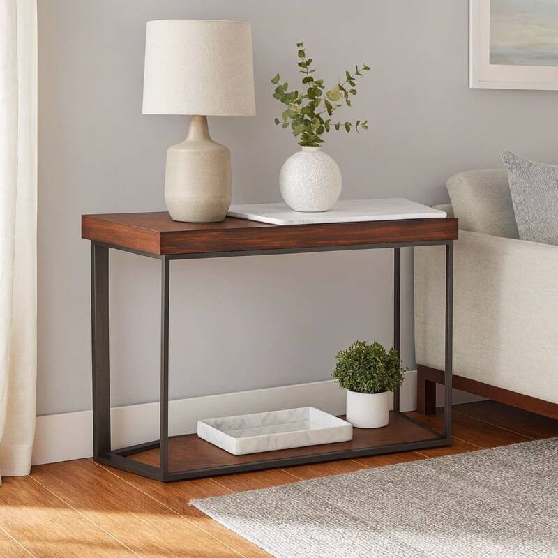 48 Inches Marble Top Console Table with Storage Slot, White and Brown
