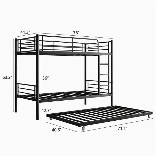 Twin Bunk Bed with Trundle Metal Bunkbeds with Ladder and Guardrail