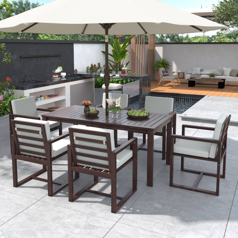 Patio Dining 7 Piece, Outdoor Dining Table and Chair Set with 6 Chairs and Removable Cushions for Patio Garden 7 Pack - Brown