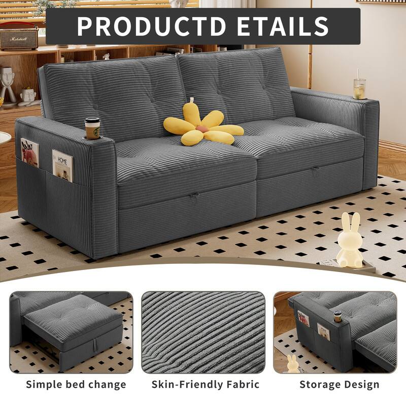 Multi-Functional Corduroy Loveseat Couch Convertible Sleeper Sofa Bed with Cup Holders and Side Pockets for Sitting, Sleeping