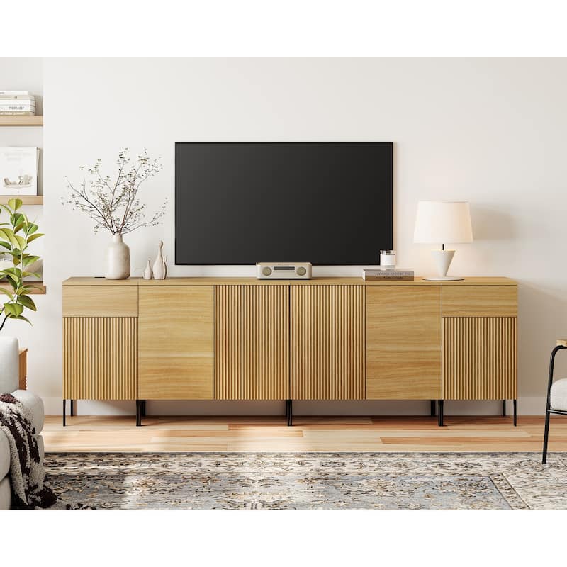 94.5" Modern Reeded Dresser TV Stand For Tvs Up To 100 Inch, Entertainment Center With Charging Station - Oak