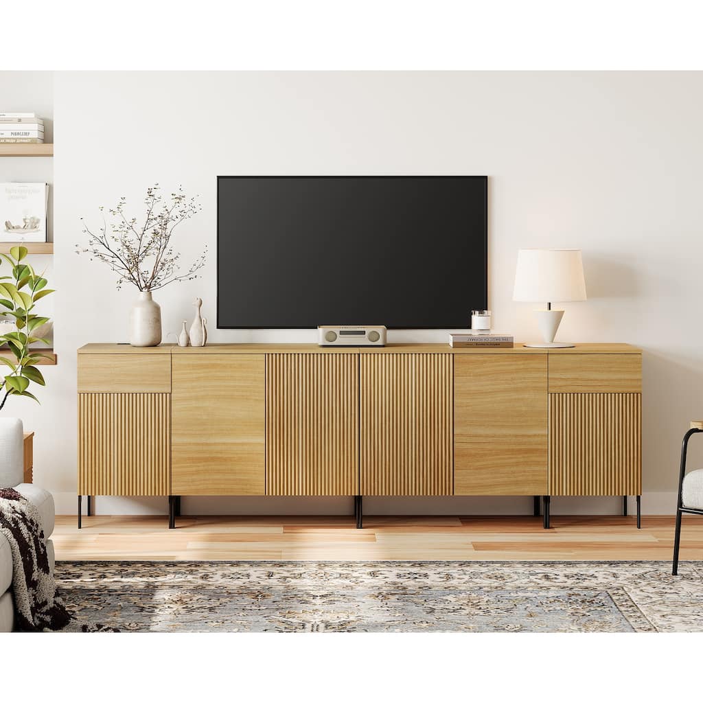 94.5" Modern Reeded Dresser TV Stand For Tvs Up To 100 Inch, Entertainment Center With Charging Station