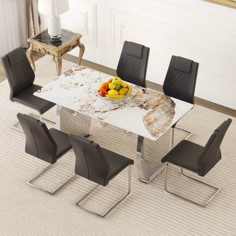 Table and chair set, Pandora Patterned Sintered Stone Dining Table Set - 6 Chairs With Metal Legs,Modern Luxury