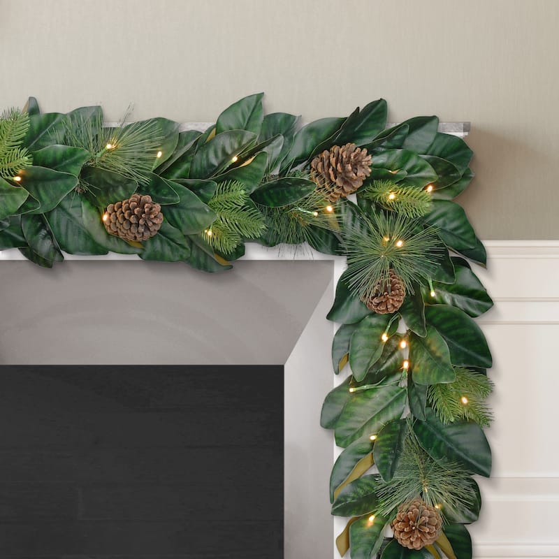 Puleo International 6 ft. x 9 in. Pre-Lit Magnolia Artificial Garland - Green