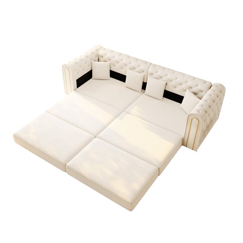 90.6" Velvet Pull Out Sofa Bed, 3-in-1 Convertible Sleeper Sofa with Movable Ottoman, Modern Button Tufted Chesterfield Sofa