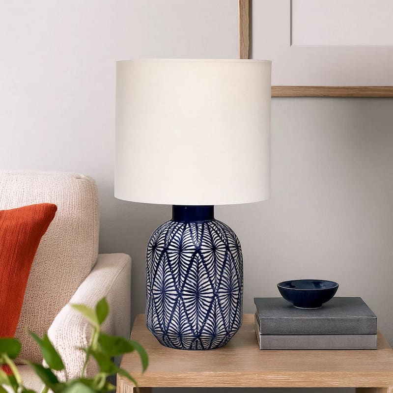 Hyla Accent Table Lamp, 17 Inch, Cream Linen, Blue Geometric Ceramic