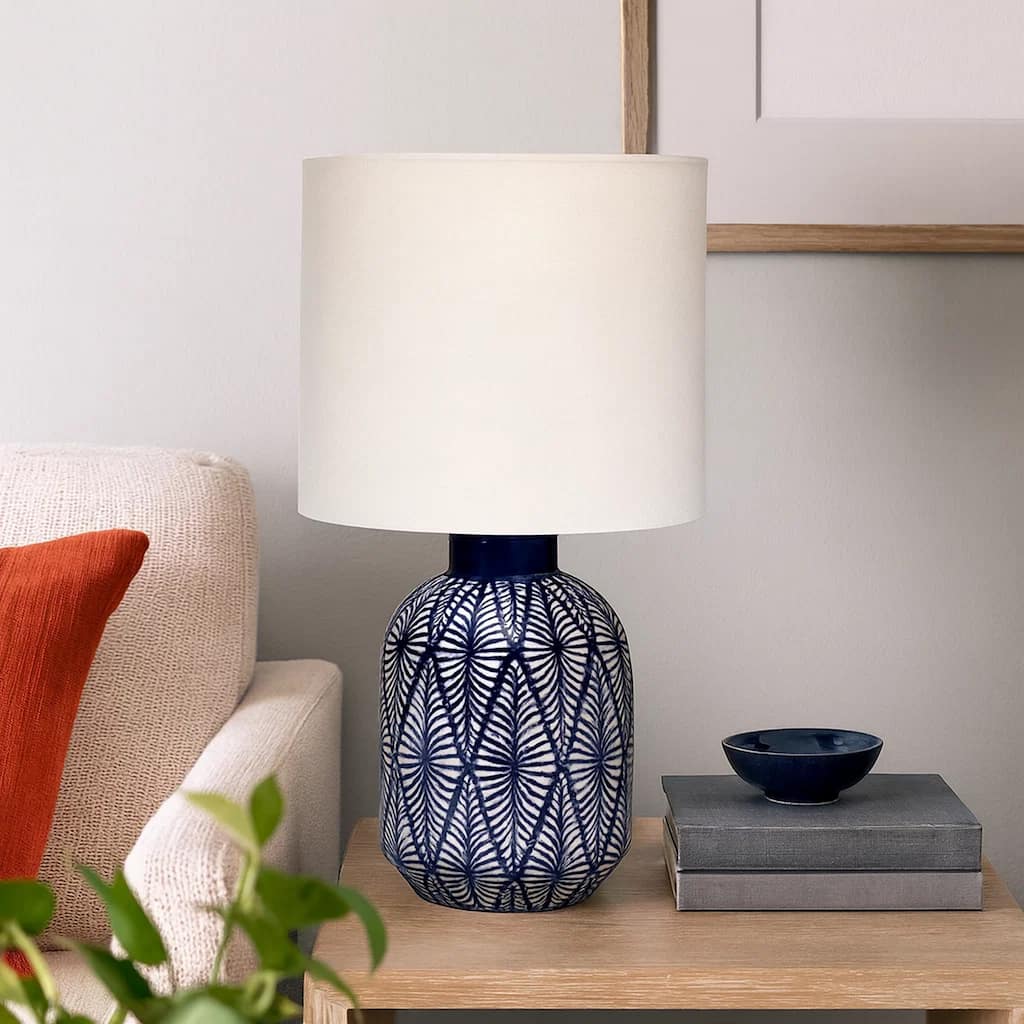 Hyla Accent Table Lamp, 17 Inch, Cream Linen, Blue Geometric Ceramic