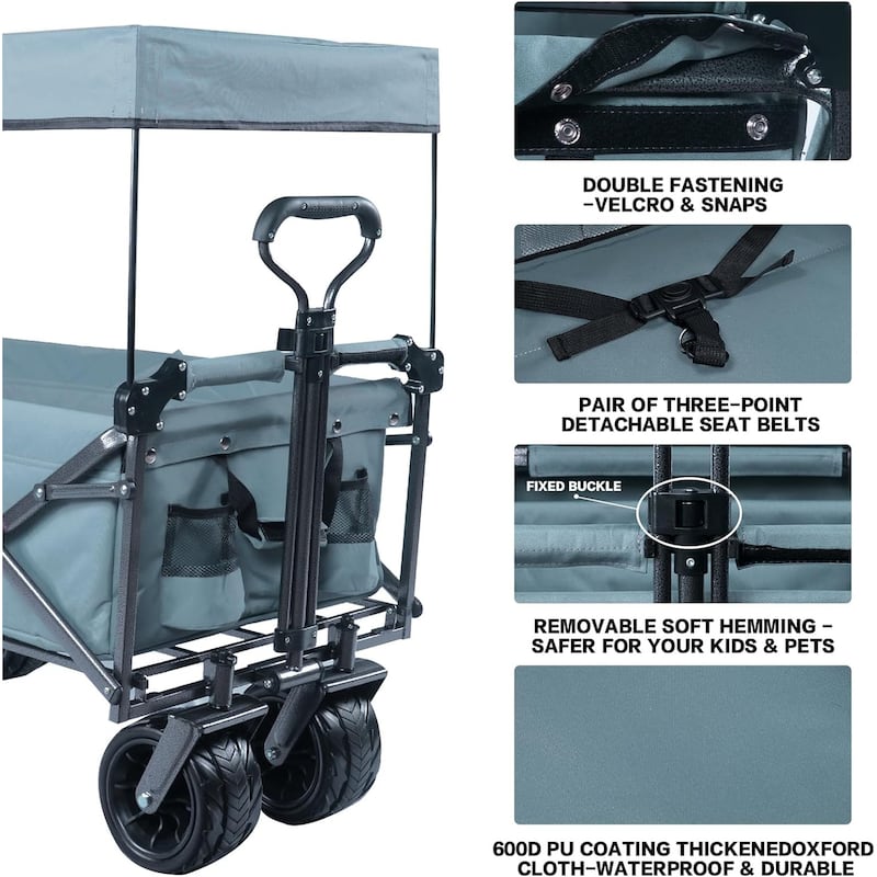 Deluxe 141L Collapsible Wagon with Removable Canopy & Cooler Bag - All-Terrain Wheels with Brake