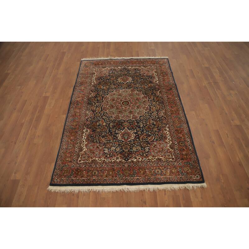Hand Knotted Oriental 100% Silk Carpet Traditional Floral Navy Blue & Blues Hereke Area Rug - 6' 0'' X 4' 0''